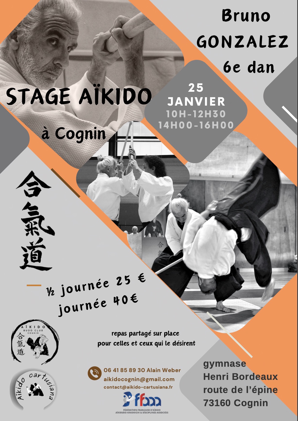 Affiche du stage d’Aïkido avec Bruno Gonzalez, 6e dan, le 25 janvier à Cognin